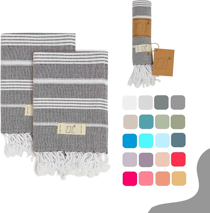 Hand Towels - Set of 2, 18" x 30" inches, Cotton, Decorative Peshtemal Cotton Hand Towels for Kitchen, Bath, Guest, Face, Hair, Gym, Yoga, Dishcloth, Travel (Anthracite)