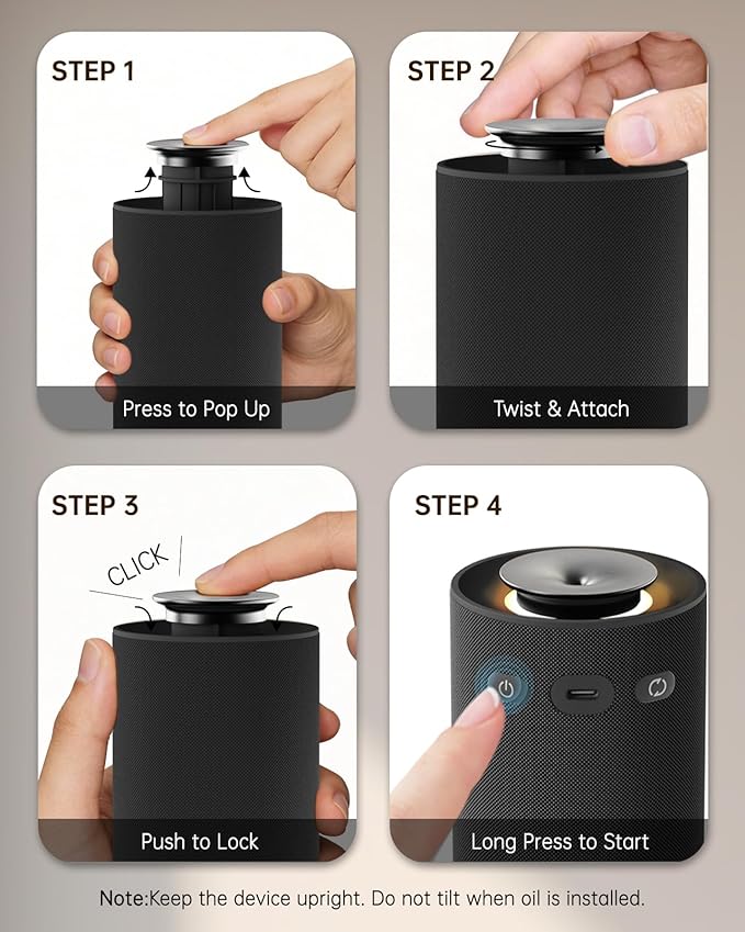 Waterless Essential Oil Diffuser,Portable Car Aromatherapy Diffuser,Rechargeable Cordless Scent Device with Fabric Design,Adjustable Mist & Ambient Light for Home, Office, Travel (Black)