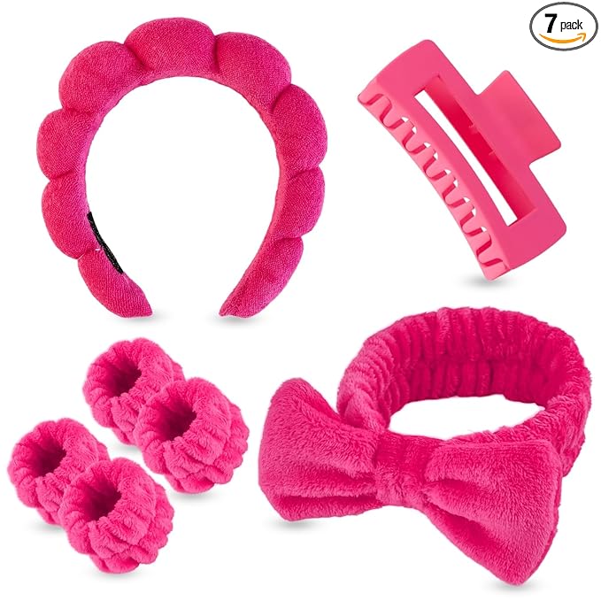7 Pcs Spa Set, Facial Headband and Wristband Set, Skincare Accessories, College Style Girl Idea Gifts, Hair Accessories for Women and Girls（Hot Pink）