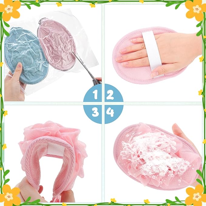 4 PCS Exfoliating Bath Sponges Soft Loofah Shower Scrubber with Elastic Hand Strap for Women Men Gentle Skin Cleansing Body Wash Towel Pouf Pink, Blue, White, Gray