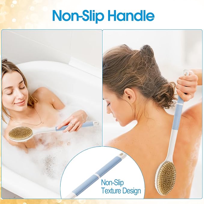 Backski Back Scrubber Anti Slip for Shower, Shower Brush Long Handle with Stiff and Soft Bristles, Body Exfoliator for Bath or Dry Brush(Blue)