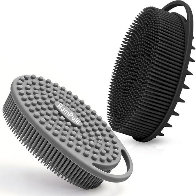 RamPula Silicone Body Scrubber, Silicone Loofah, Quick-Dry Exfoliating Body Brush for Wet or Dry Brushing, More Hygienic Than Traditional Loofah, Long-Bristle Brush, Black and Grey