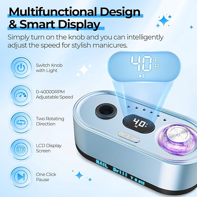 JOSGLOI Electric Nail Drill Professional: 40000RPM Electric Nail File Kit E File Nail Drill Machine with LCD Display for Acrylic Gel Nail, Manicure Pedicure Polishing Nail Grinder for Salon Home Use