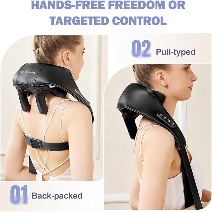 DS SAVORING Cordless Neck and Shoulder Massager with Heat, Electric Deep Tissue Kneading for Back Pain, Hands-Free Shiatsu Massage Pillow, Portable for Home, Office, Travel
