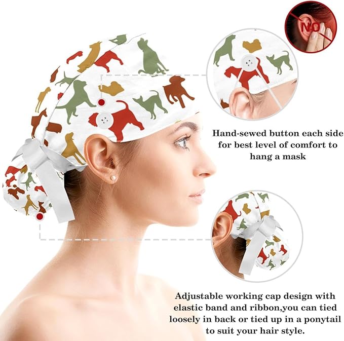 Adjustable Brown Dachshund Dog Blue Surgical Scrub Cap with Button,Sweatband for Women with Bow Hair Scrunchy