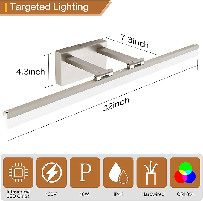 SOLFART Bathroom Lighting Fixtures Over Mirror: 32 Inch 5CCT Retractable LED Vanity Lights Brushed Nickel Dimmable Adjustable Head ETL