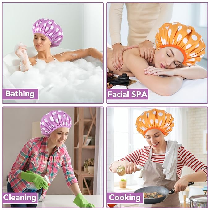 WSICSE 2 Packs Large Shower Caps for Women, Reusable Waterproof Shower Cap Bath Caps with Hair Scrunchies for Long Thick Hair (Purple/Orange)