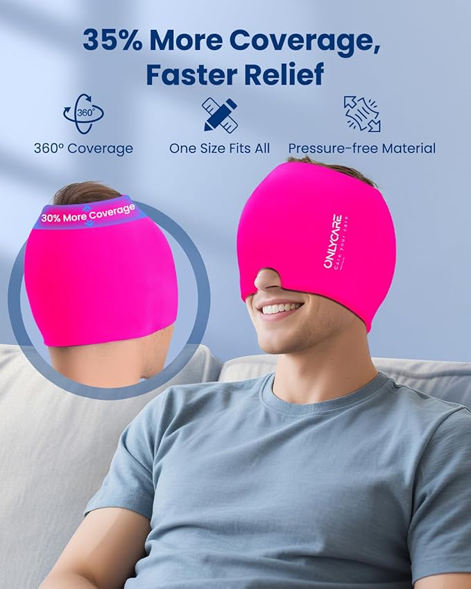 Upgraded Migraine Relief Cap, ONLYCARE Headache Relief Cap, Soothing Migraine Mask, Odorless Gel Ice Head Wrap, Hot & Cold Therapy, Reusable Ice Pack for Tension and Stress Rose Red