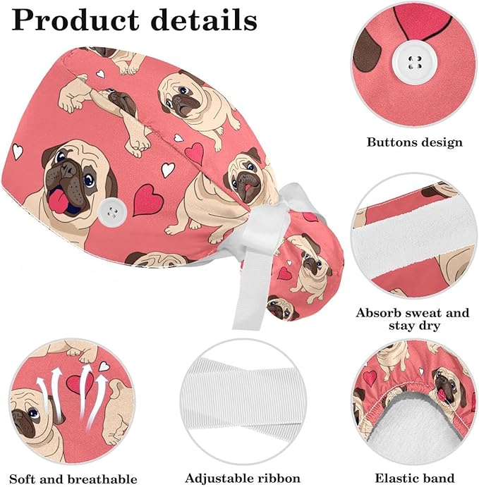 Adjustable Brown Dachshund Dog Blue Surgical Scrub Cap with Button,Sweatband for Women with Bow Hair Scrunchy