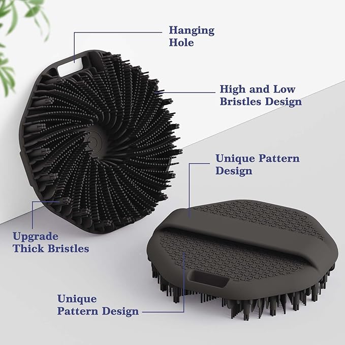 Manmihealth Silicone Back Scrubber & Soft Shower Face Brush Set 4 PCS(Thin Bristles), Super-Cleansing Body Scrubber & Strong Lathering Power Bath Glove Combination (Black)