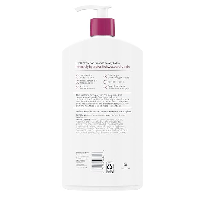 Lubriderm Advanced Therapy Fragrance-Free Moisturizing Hand & Body Lotion + Pro-Ceramide, Intense Hydration for Itchy, Extra Dry, & Sensitive Skin, Non-Greasy, Hypoallergenic, 32 fl. oz (Pack of 6)