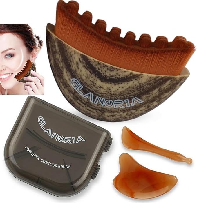 3 in 1 Lymphatic Contour Face Brush – Face Brush for Lymphatic Drainage with Soft Bristles & Plastic Handle, 2 Gua Sha Tools for Facial Sculpting, Jawline, Double Chin & Depuffing
