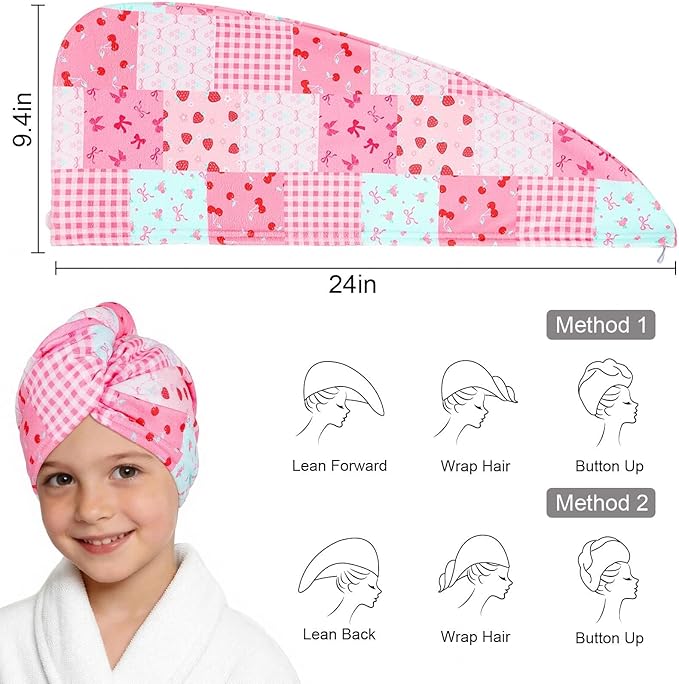 2 Pack Microfiber Hair Towel Wrap for Girls, Quick Dry Hair Turban for Kids, Absorbent Frizz-Free Hair Drying Towel with Button for Long Thick Curly Hair, Pink Flowers