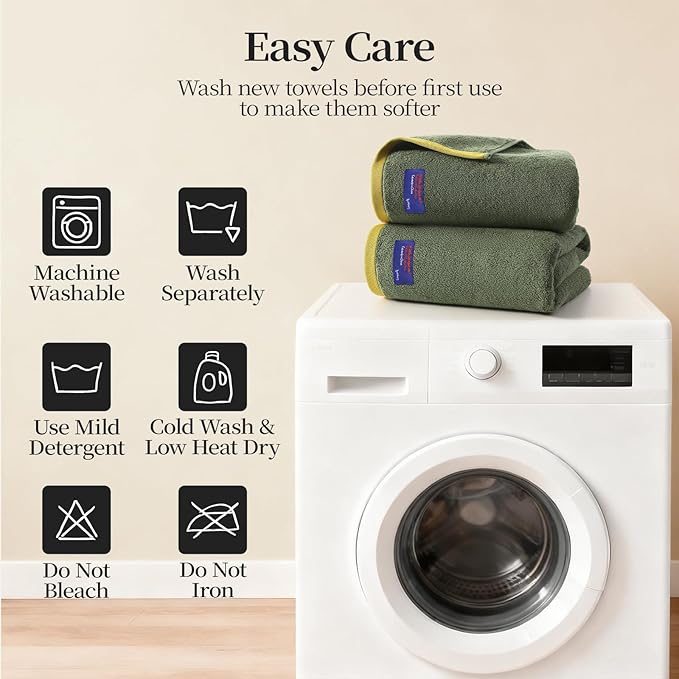 REDKISS 100% Cotton 2 Pack Luxury Bath Towels 27 x 54 Inches, Oversized Bath Towel Set, 600 GSM Ultra Soft Highly Absorbent Quick Drying Towels for Bathroom, Gym, Spa, Hotel, Army Green