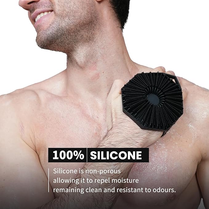 iTokGoK® Premium Silver-Infused Dual-Sided Design 2-in-1 Silicone Body Scrubber for Shower,Body Brush Buffer Scrubber for Men and Women for All Skin, Ergonomic No-Slip Handle, Easy to Clean - Black