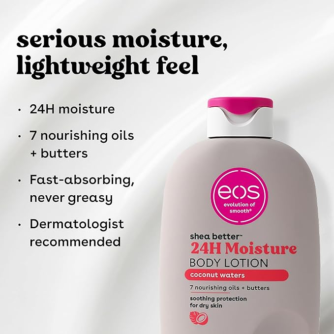 eos Shea Better Body Lotion Coconut Waters, 24-Hour Moisture Skin Care, Lightweight & Non-Greasy, Natural Shea, Vegan, Coconut Body Lotion, 16 fl oz