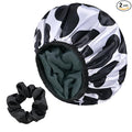 Black Cow Print Satin Shower Cap, Three-Layer Terry Cloth Lined, with Silk Hair Ties, Microfiber Waterproof Reusable Large Size Shower Cap for Women Long Thick Hair