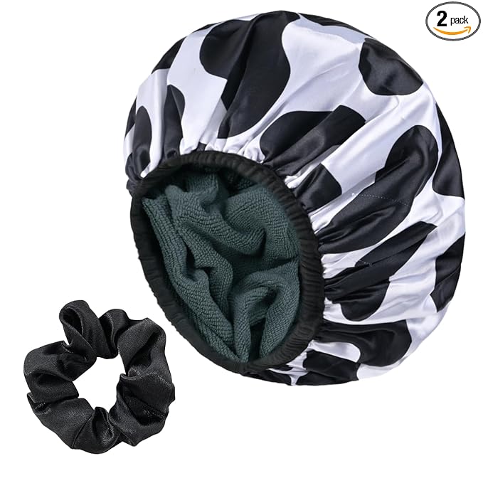 Black Cow Print Satin Shower Cap, Three-Layer Terry Cloth Lined, with Silk Hair Ties, Microfiber Waterproof Reusable Large Size Shower Cap for Women Long Thick Hair