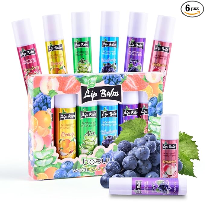 6 Pack Lip Balm, Fruit Flavoured Lip Balms, All Day Moisturising, Soft Natural Lip Balm with Vitamin E and Coconut Oil for chapped or dry lips.