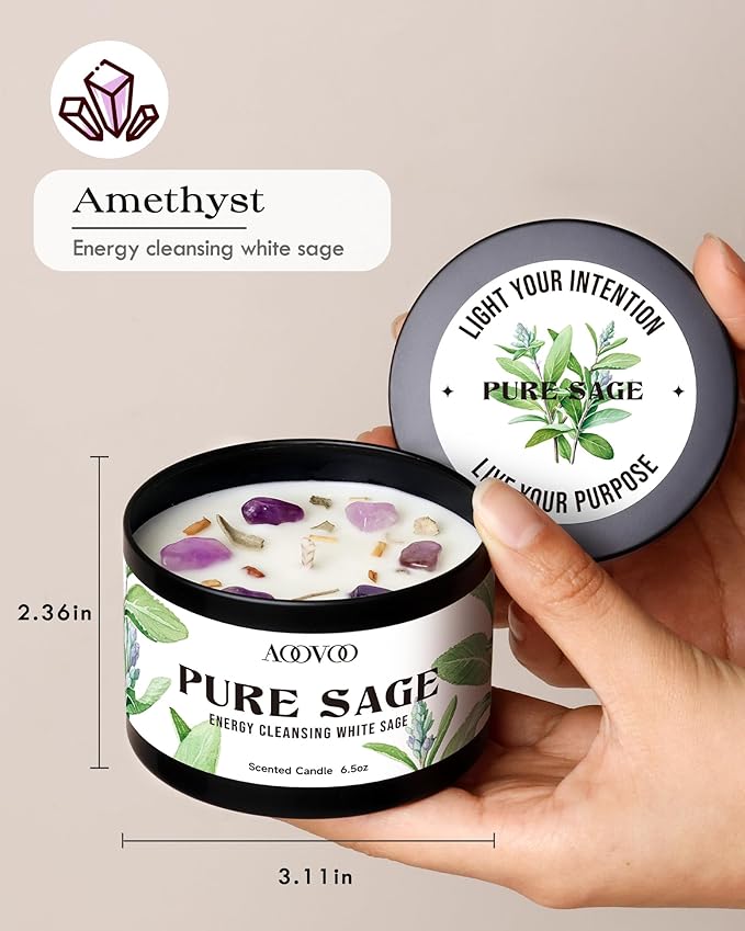 AOOVOO 4 Pack Sage Candles - 2 Sage & 2 Palo Santo Candle Set with Crystals & Decor, 26oz 200 Hours Long Lasting, Non Toxic Candles for Spiritual House Energy Cleansing