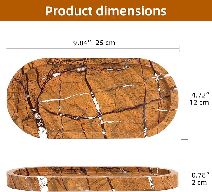 Natural Marble Tray Oval, Bathroom Vanity Tray for Countertop, Elegant Stone Decorative Organizer for Perfume, Jewelry, Home Decor (1, Rainforest Brown, 10 x 5 x 0.6)