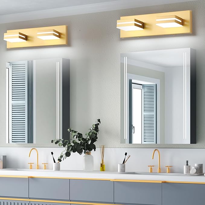 SineRise LED Modern Bathroom Vanity Light Fixtures (2-Light, 15.5-Inch, Dimmable), Matte Gold Modern Acrylic Bathroom Wall Lighting Fixtures Over Mirror (Cool White 6000K)