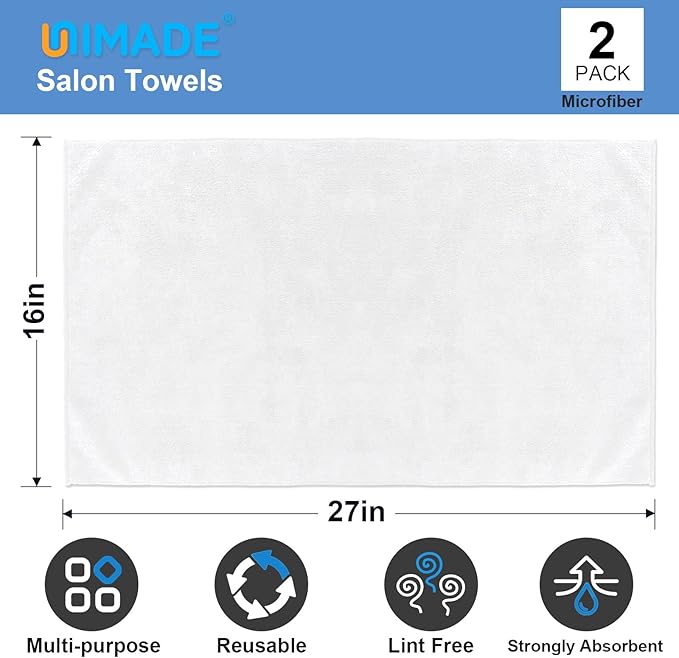 UNIMADE 2 Pack Hand Towels Set - Highly Absorbent and Quick Drying Microfiber Gym Towels, Premium Wash Cloths for Bathroom, Salon, Gym, Shower, Hotel, and Spa - 16x27 inch (White)
