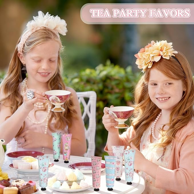 Tea Party Hand Cream Gift Set Wonderland Floral Tea Party Favor Flower Moisturizing Hand Lotion Bulk Dry Cracked Care Cream Teapot Favor Boxes Treat Gift Goodie for Baby Shower, 20 ml(24 Pcs)