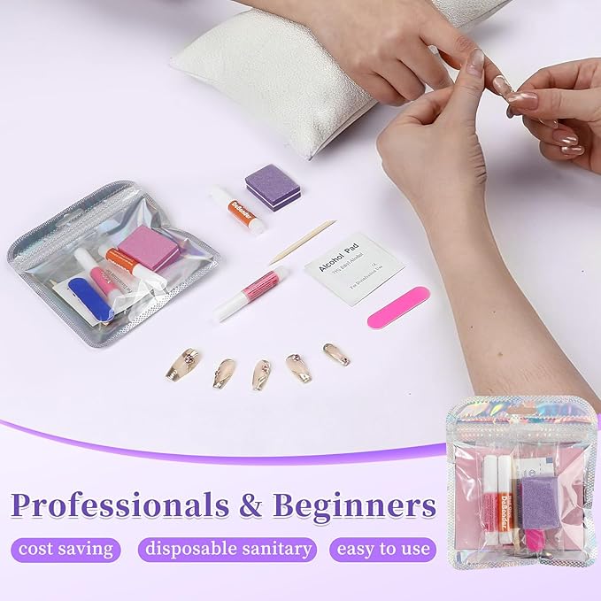 TADOPRO 20PCS Press On Nail Tool Kit, Disposable Nail Prep Kit for Salon Home Nail Business Supplies with Nail File, Nail Glue & Remover, Buffer, Instruction Card, Prep Pads, Tabs(20pcs Set)