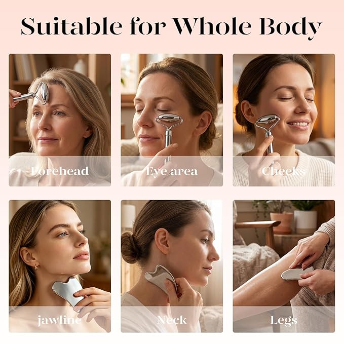 BAIMEI Stainless Steel Gua Sha & Face Roller Set, Facial Massage Tool for Face, Neck and Body, Cooling Metal Skin Care Tools for Depuffing Routine,Self Care Gift for Women