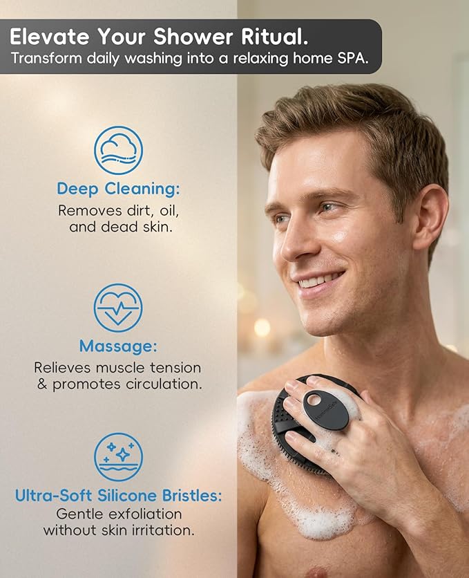 Soft Silicone Shower Brush Body Wash Bath Exfoliating Skin Massage Scrubber, Dry Skin Brushing Glove Loofah, Fit for Sensitive and All Kinds of Skin(2 Pack Sky Blue+2 Pack Black)