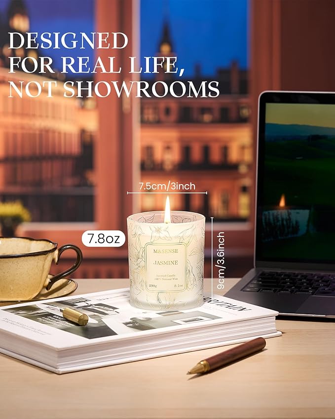 M&SENSE Jasmine Scented Natural Soy Candle, 8.1oz 42H Non-Toxic Long Burning, Aromatherapy Stress Relief Home Fragrance, Spring Ideal Present for Her