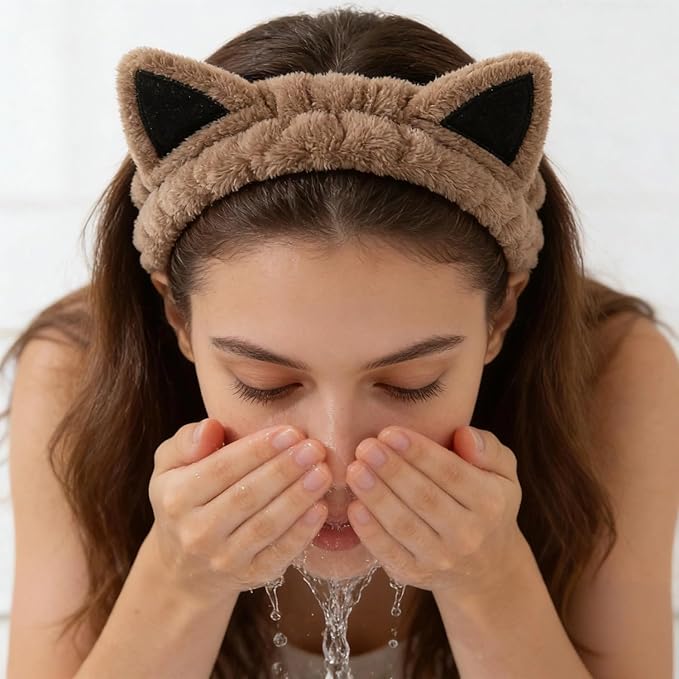 2 PCS Cute Cat Ear Spa Headband For Washing Face, Skincare Makeup Headbands For Women, Soft Coral Fleece Hair Accessories (Beige+ Khaki)