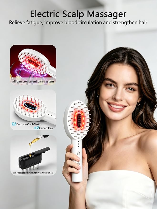 3-in-1 Electric Scalp Massager Brush, Vibrating Scalp Massager Comb with Hair Oil Applicator for Scalp/Face/Body Relaxation, Portable Massager Tool for Home & Travel, Gift for Men & Women(White)