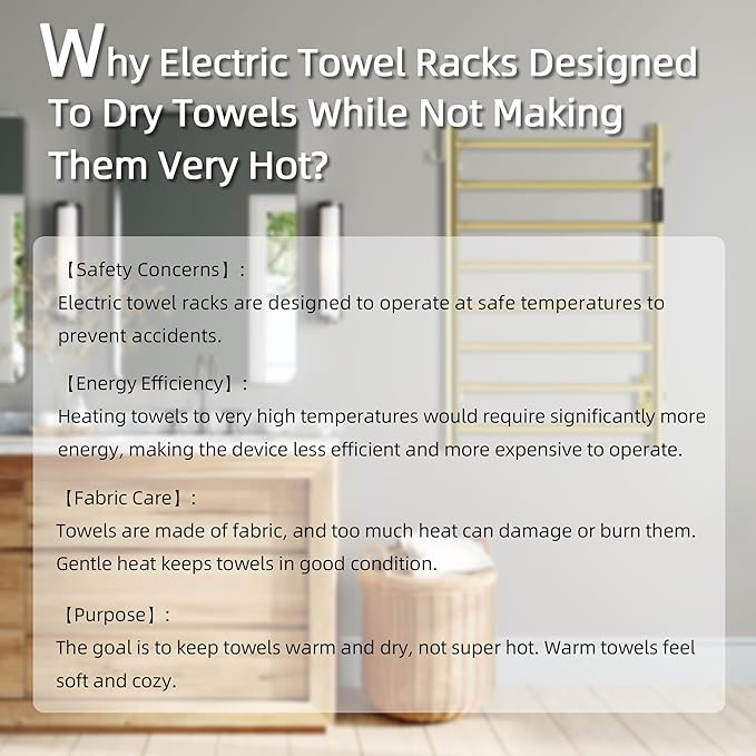 P&Dlusir Towel Warmer, Heated Towel Rack with Smart Timer and Thermo Control, Wall-Mounted Heated Towel Rail, Stainless Steel, Hard-Wired/Plug-in, Polished Gold, 8 bar