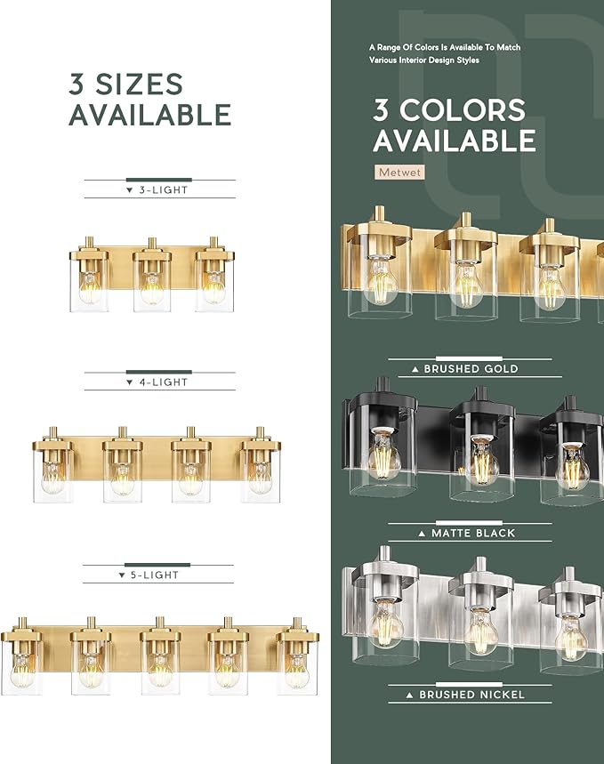 Bathroom Light Fixtures, 30" Brushed Gold Vanity Light, 5-Light Modern Wall Sconces with Square Clear Glass Shade, Vanity Lighting Fixtures Over Mirror, VL194-BG-5