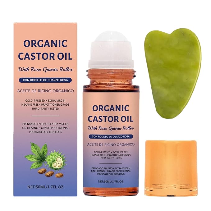 Organic Golden Castor Oil Roll-On with Rose Quartz, Jade Massage Board, Relax Anytime, Anywhere, for Brows, Lashes, Dry Skin & Face, Travel Friendly Leakproof Roller Bottle (1)