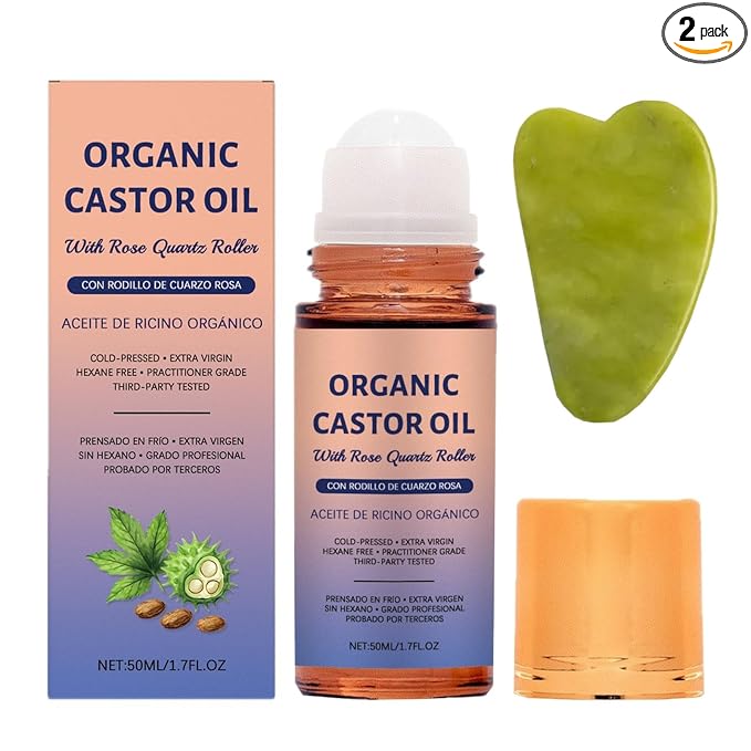 Organic Golden Castor Oil Roll-On with Rose Quartz, Jade Massage Board, Relax Anytime, Anywhere, for Brows, Lashes, Dry Skin & Face, Travel Friendly Leakproof Roller Bottle (2)