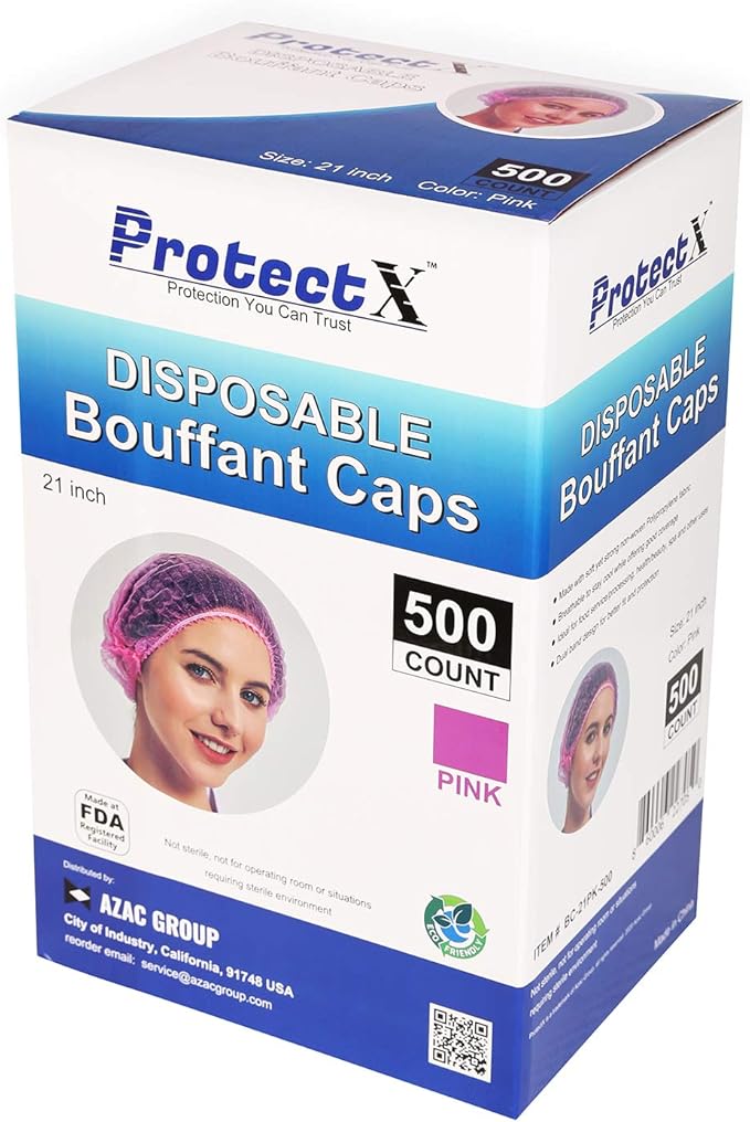 ProtectX 500-Pack Pink Disposable Hair Nets, Elastic Head Cover, Bouffant Caps, Sanitation Head Cover for Food Service, Spa Men & Women - 21 inch