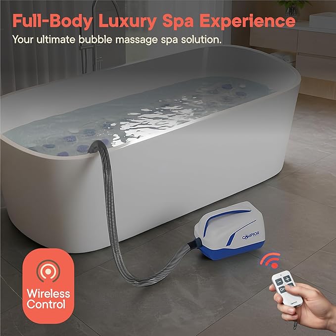 Bubble Bath Massager Mat for Bathtub, 47.24" x 14.57" Full-Body Heated Air Spa with 6-Level Adjustable Bubbles, Non-Slip Waterproof Design, Remote Control, For Stress, Muscle Relief & Relaxation, Blue