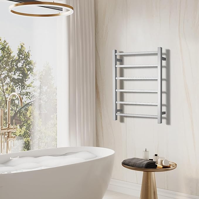 Electric Heated Towel Warmer - Wall Mounted Bathroom Towel Rack, Plug-in Design & Brushed Stainless Steel 6 Bar Brushed with Single Press