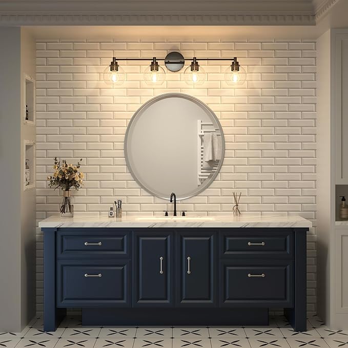 VONLUCE Bathroom Light Fixtures, 4-Light Bathroom Vanity Light with Globe Glass Shades E26 Sockets, Vanity Lights Over Mirror for Bedroom Hallway Living Room, Black Finish