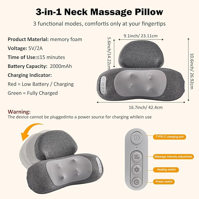 3-in-1 Neck Massager with Heat, Portable Cordless Neck Massager for Pain Relief Deep Tissue, 4D Kneading Shiatsu Neck and Shoulder Massager Pillow, Mothers Day Gift, Mom Gifts