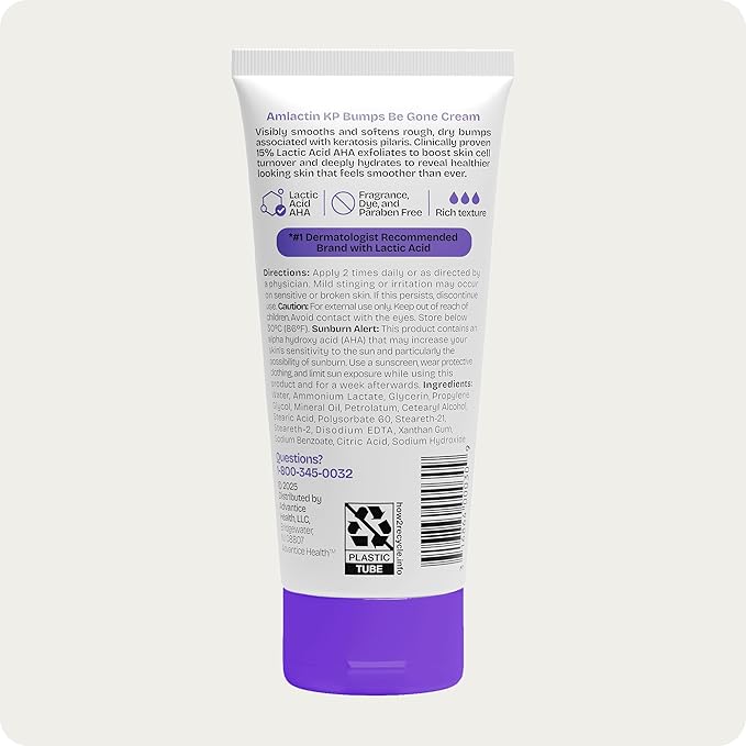 AmLactin KP Bumps Be Gone - Therapeutic Body Cream for Keratosis Pilaris - No-Scrub Exfoliator and Body Moisturizer for Dry Skin with 15% Lactic Acid AHA, 3 oz (Packaging May Vary)