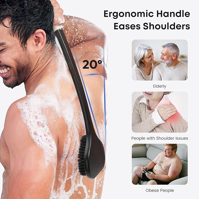 eaxun Bamboo Back Scrubber with Curved Long Handle, 17.3 Inches Exfoliating Shower Brush with Stiff Bristles for Men and Women, Back Washer Body Exfoliator for Bath or Dry Brushing
