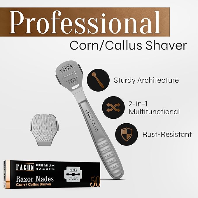 Facón Professional Callus Shaver Remover with 50 Blades, Pedicure Razor for Feet & Hands, Foot Razor for Callus Removal, Callus Blade Remover, Corn Shaver, Surgical Grade Premium Stainless Steel Tool