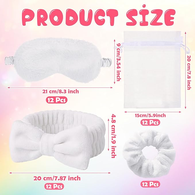 Mimorou 48 Pieces Spa Party Supplies Gift for Mother's Day 12 Spa Headband 12 Plush Sleep Eye Mask 12 Velvet Scrunchies 12 Organza Bags for Sleepover Slumber Party Graduation Gift(White)