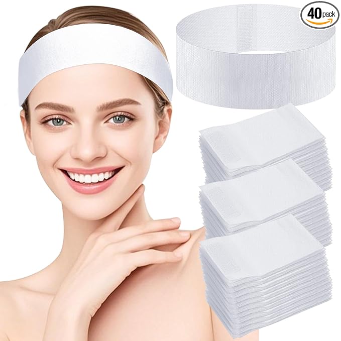 Sublaga 40 Pcs Disposable Spa Facial Headbands, Stretch Headband Wrap with Adjustable Magic Tape, Esthetician Spa Headband Stretch Non-Woven Facial SkinCare for Women Sport Yoga Salon Shower