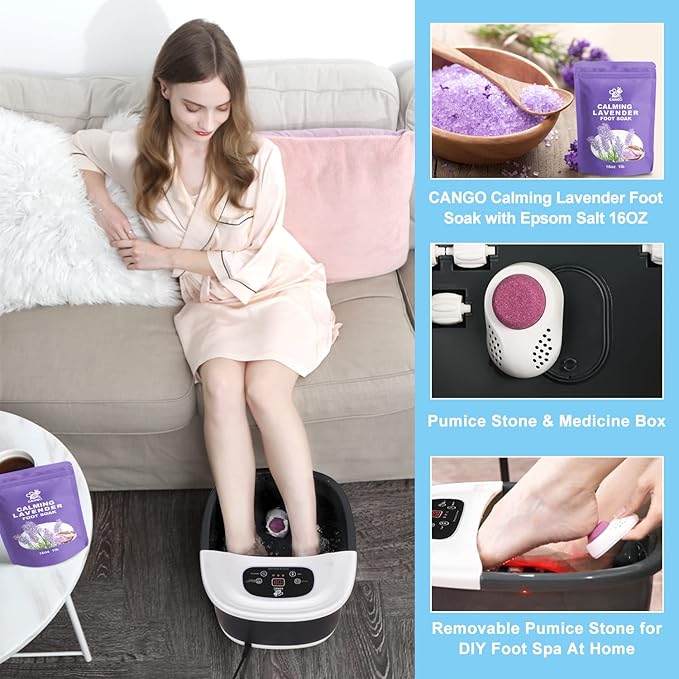 Foot Spa Bath Massager with Heat Bubbles and Vibration Massage and Jets, 16 OZ Calming Lavender Foot Soak Epsom Salt, CANGO Foot Soaker With Infrared Light, 22 Massage Rollers, Adjustable Temp - Black