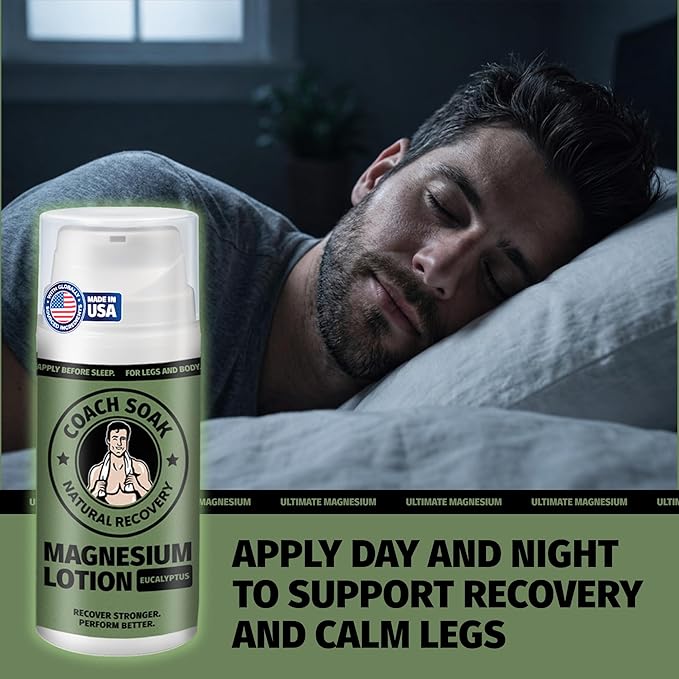 Coach Soak Magnesium Lotion with MSM - Magnesium Chloride & Menthol - Non-Greasy Alternative to Epsom Salt Lotion and Cream - Apply Before Sleep for Feet, Leg Cramps & Body - Eucalyptus 3.4oz